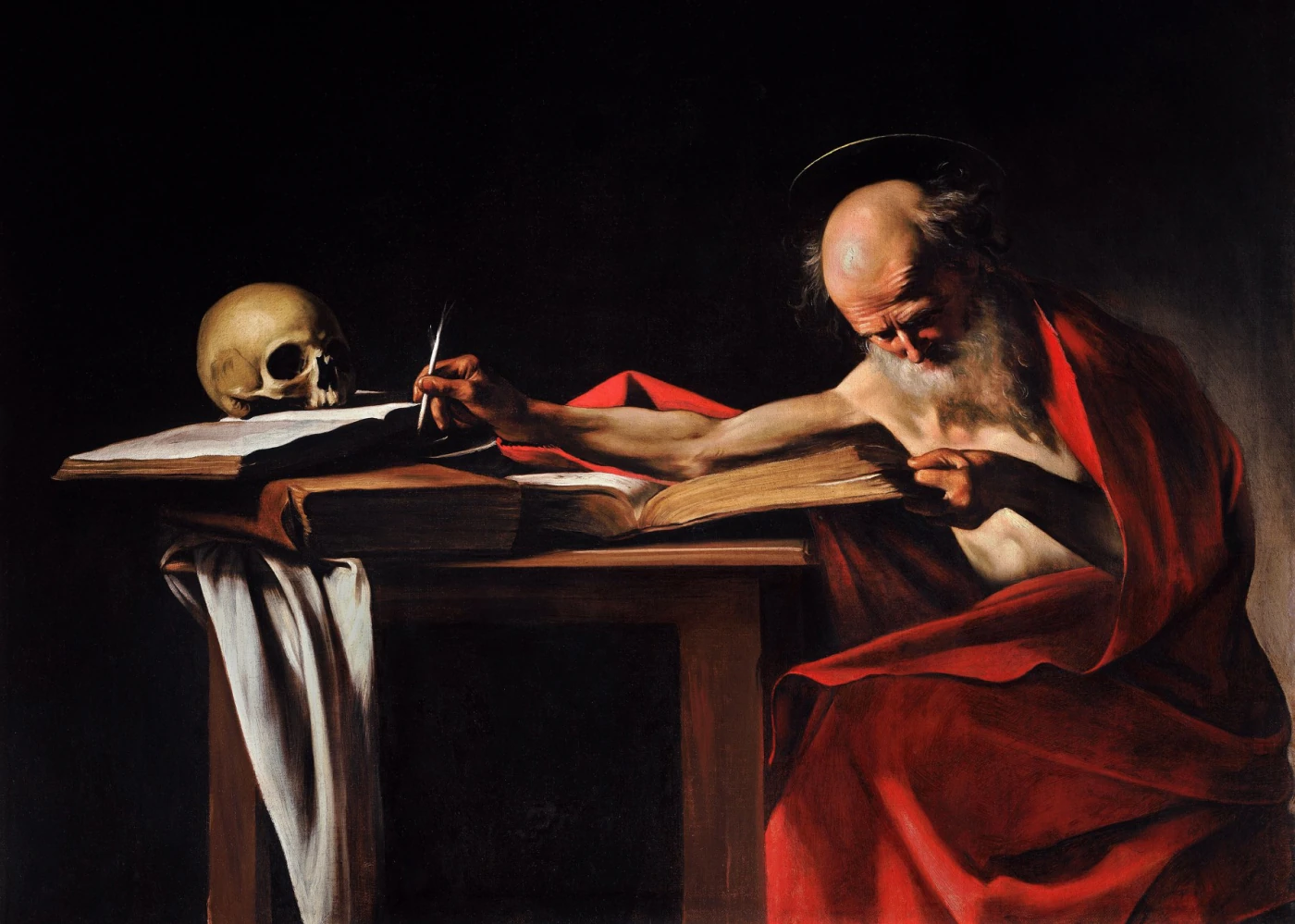 Caravaggio, Saint Jerome Writing: the old saint reads at a table beside a skull.