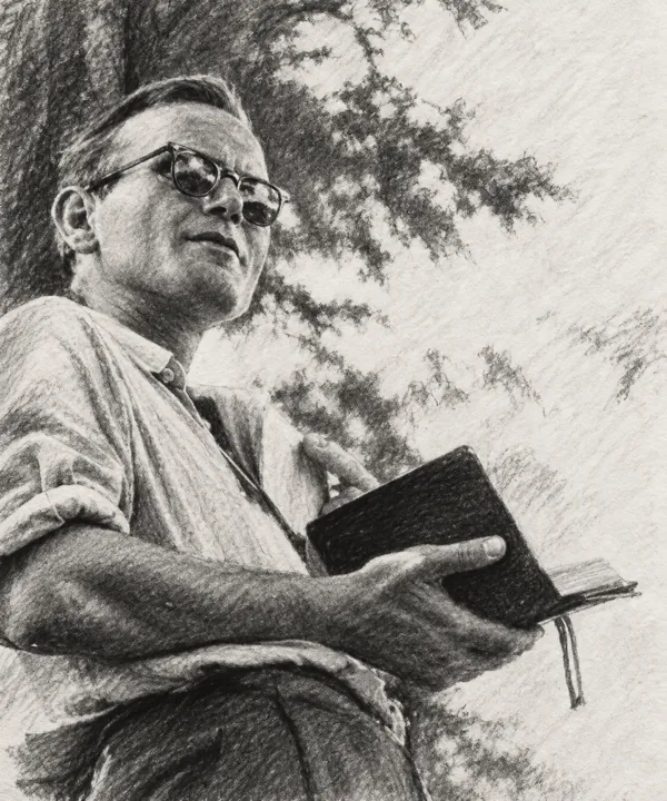 Pencil drawing of a young priest in glasses holding a small notebook under a tree.