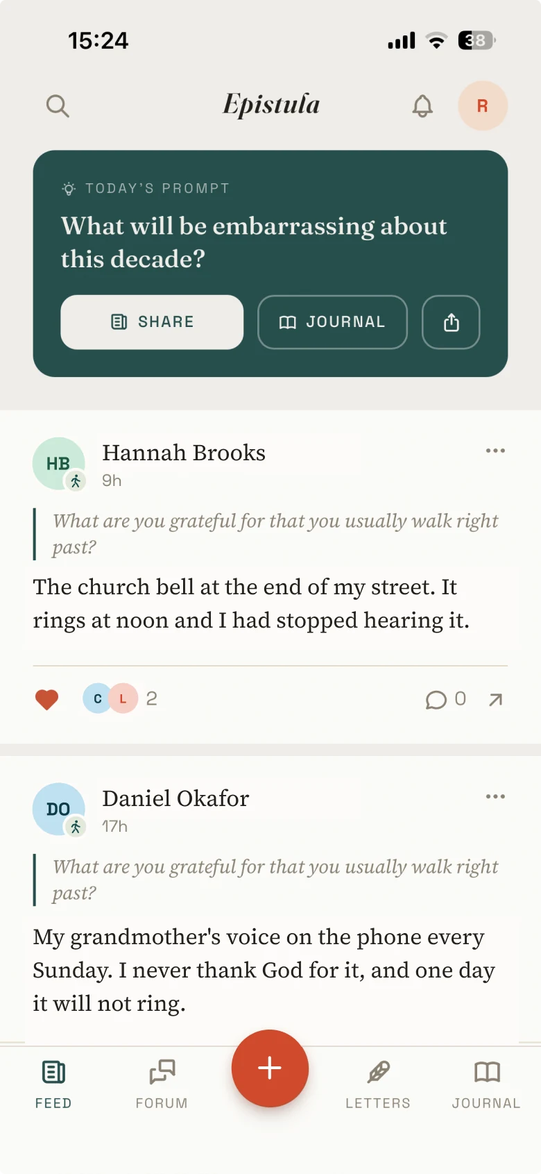The Epistula Feed on iPhone: today's prompt card and two answers from members.