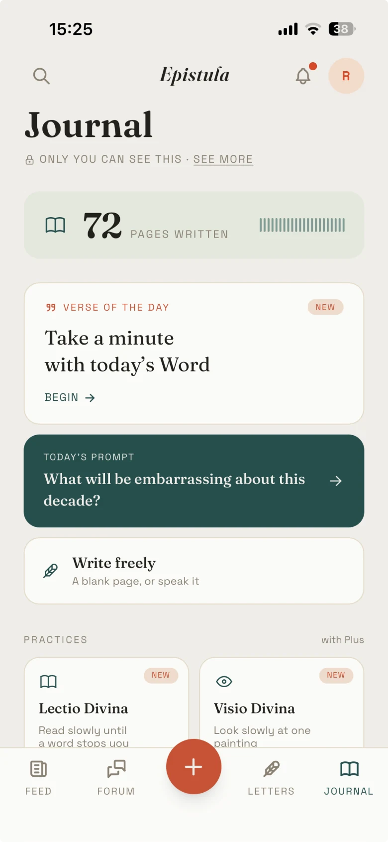 The Epistula Journal: pages written, verse of the day, today's prompt and the practices.