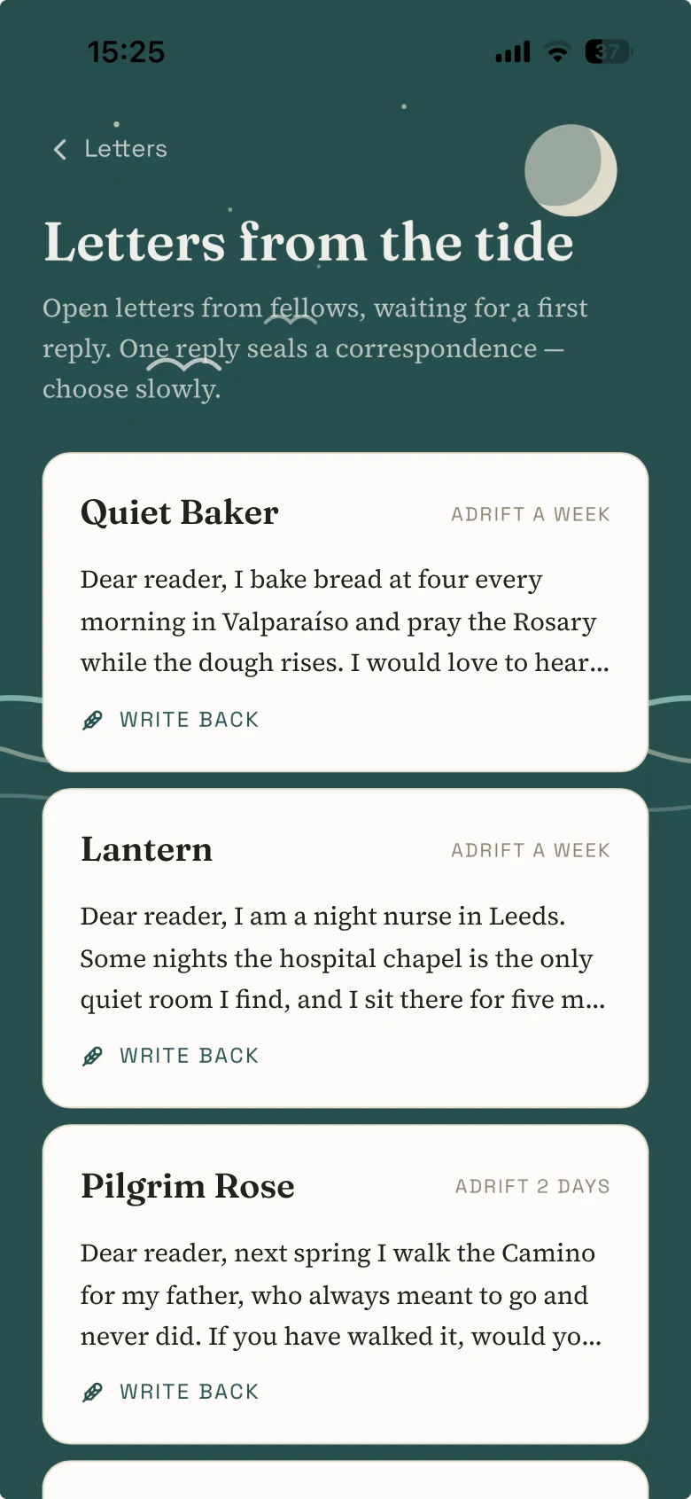 Letters from the tide in Epistula: open letters signed with pen names, each with a Write back button.